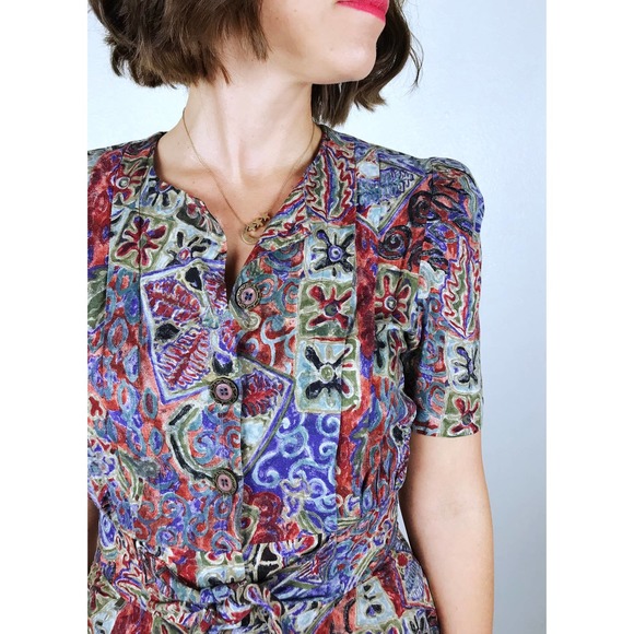 vintage 90s bold ABSTRACT PRINT Puff Sleeve JUMPSUIT xs/s rayon skinny legs boho - Picture 5 of 10